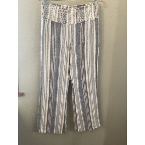 Blue linen blend wide leg pants Size Large Striped causal‎ coastal beach lounge - Picture 1 of 8